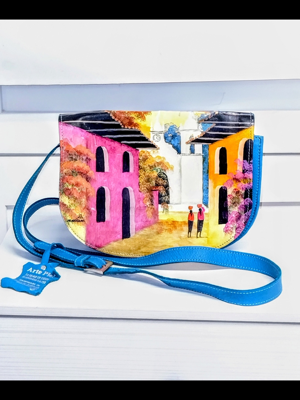Artist Hand-Painted Crossbody Bag in Blue Leather with Scenic Artwork